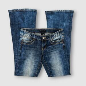 Y2k Black Crystal Dark Wash Flare Jeans Distressed Pockets Size 9
